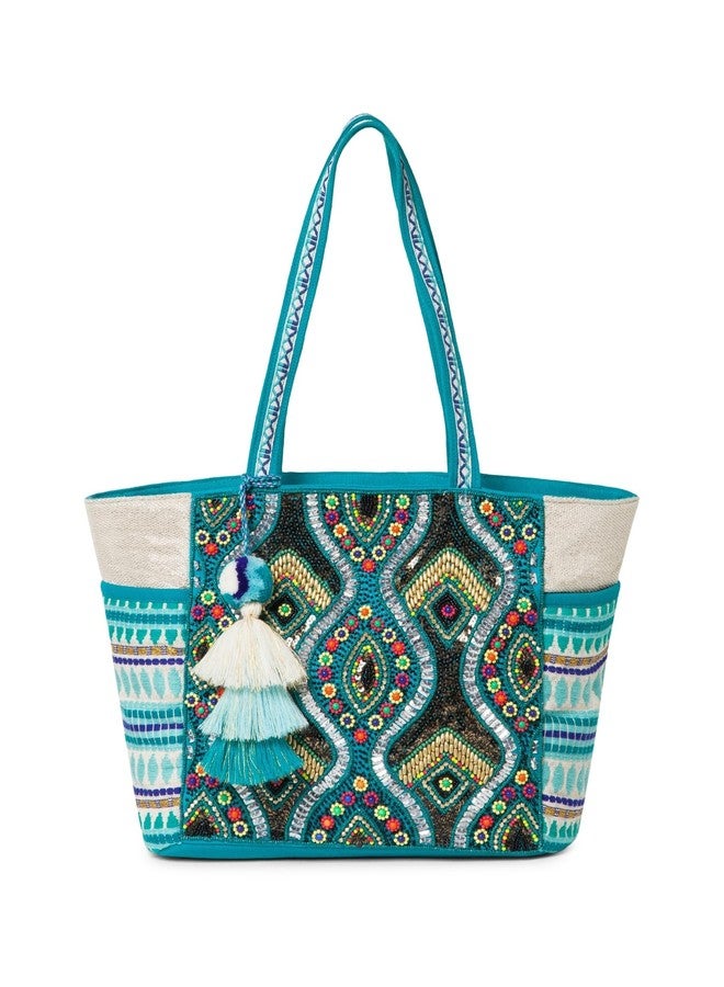 Anekaant BohoTeal & Multicolour Embroidered Tote with Tassel | Women’s Stylish Shoulder Handbag | Canvas Bag for Shopping & Travel - Image 1